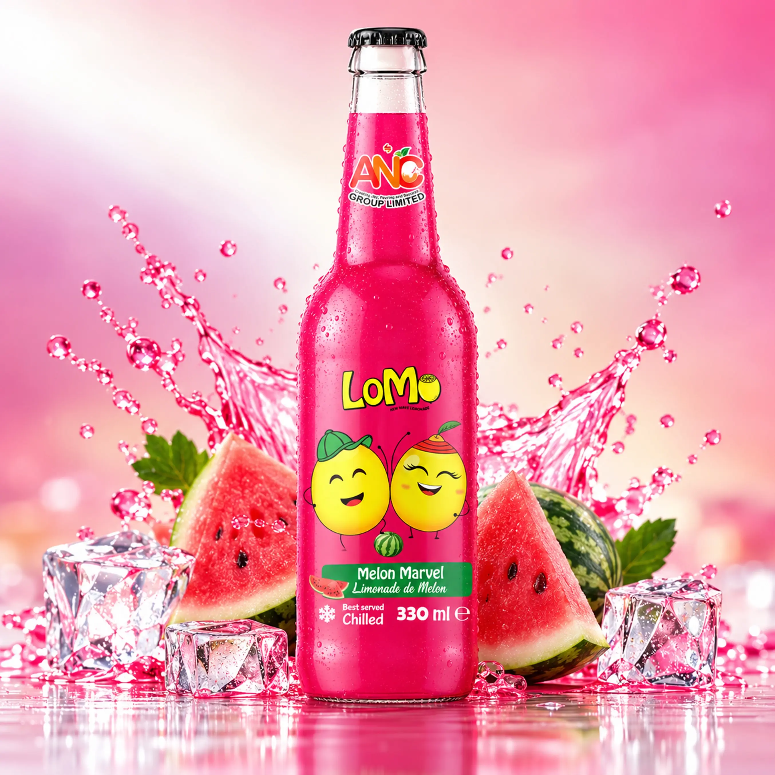 LoMo Melon Marvel 330ml glass bottle with fresh watermelon slices, ice cubes, and pink splash.